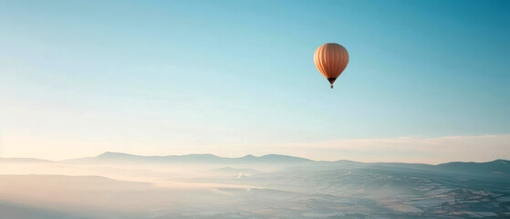 A single hot air balloon flies above the clouds in a clear blue