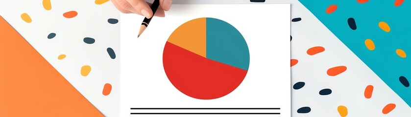 Colorful pie chart on trendy abstract background, representing data analytics and statistics with modern design elements.