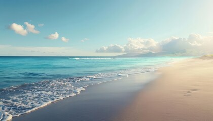 Obraz premium Tranquil beach scene with footprints in the sand and turquoise water.