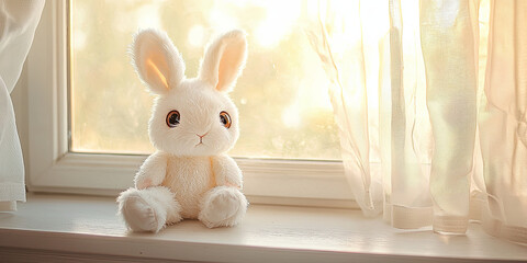 Cute white rabbit plush toy, with big eyes, sitting on the windowsill of an empty room with a curtain and light background, generative AI