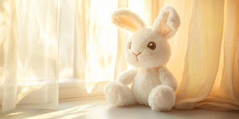 Cute white rabbit plush toy, with big eyes, sitting on the windowsill of an empty room with a curtain and light background, generative AI