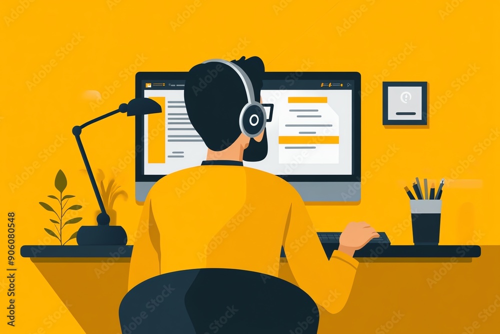 Aufkleber Man working on computer at desk with headset on.