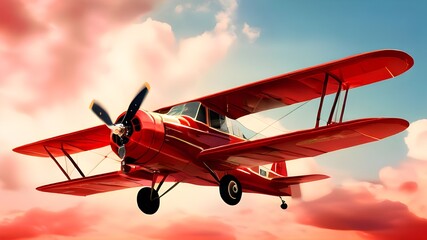 red vintage plane flying in the blue sky, digital art style, generative AI