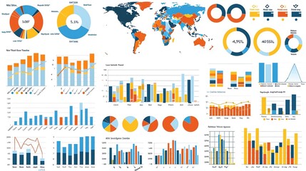 Obraz premium Colorful infographic with charts and world map.