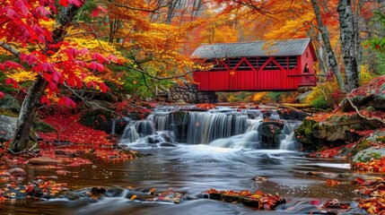 A beautiful autumn scene in New England with colorful fall foliage, a historic covered bridge, and a serene river