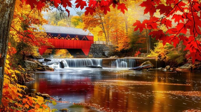 A beautiful autumn scene in New England with colorful fall foliage, a historic covered bridge, and a serene river