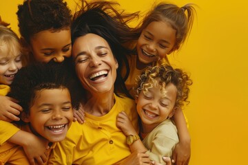 Obraz premium Radiant Family Joy - Mother Embracing Children in Sunny Yellow Background, Family Bonding and Togetherness Concept with Copy Space on Left