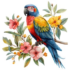 Obraz premium A watercolor depiction of a colorful parrot perched on a branch 