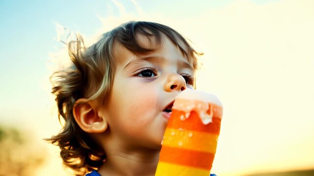 Close-up shot: Child savors multicolored popsicle against hazy blue sky. Static camera captures tousled blonde hair and innocent expression. Warm vintage filter evokes 1970s nostalgia.	