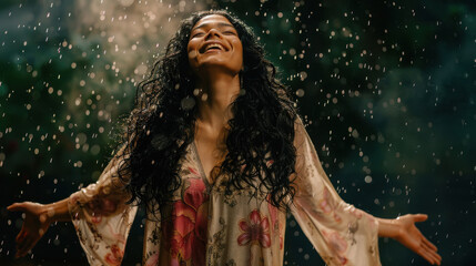 young indian woman enjoying in the rain