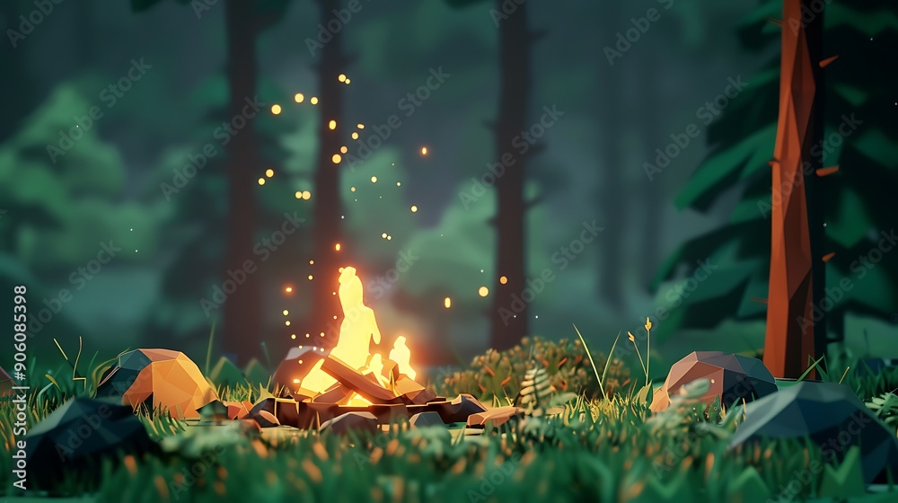 Canvas Prints Low Poly Campfire in the Forest.