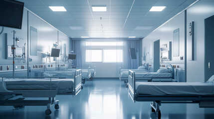 A modern hospital hallway with smooth, shiny floors and stylish lighting fixtures. The space is orderly, with clear directional signs and a soothing color palette.