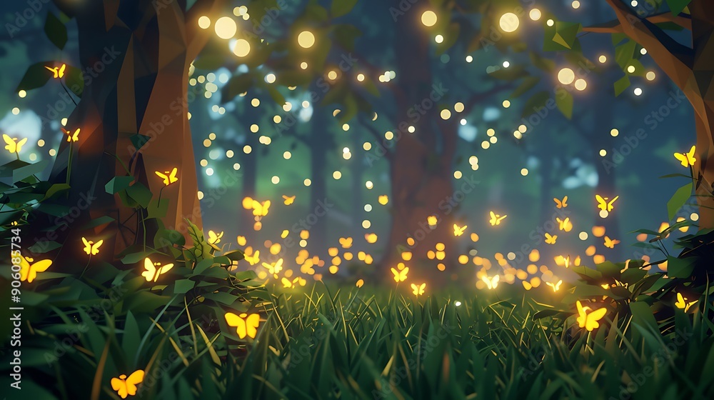 Wall mural Enchanting Night Forest with Glowing Butterflies.