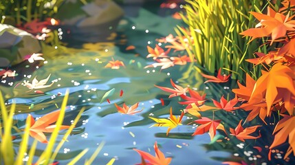 Autumn Leaves Floating on a Calm Pond.