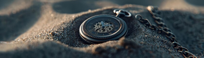 Antique pocket watch with chain resting on textured fabric.