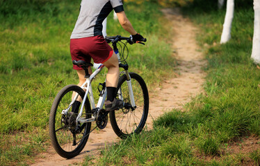Fototapeta premium Woman biker mountain biking on mountain forest trail