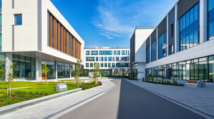 Obraz premium A modern hospital's exterior with a distinctive architectural style, featuring large windows and a streamlined structure. The entrance is well-lit and welcoming.