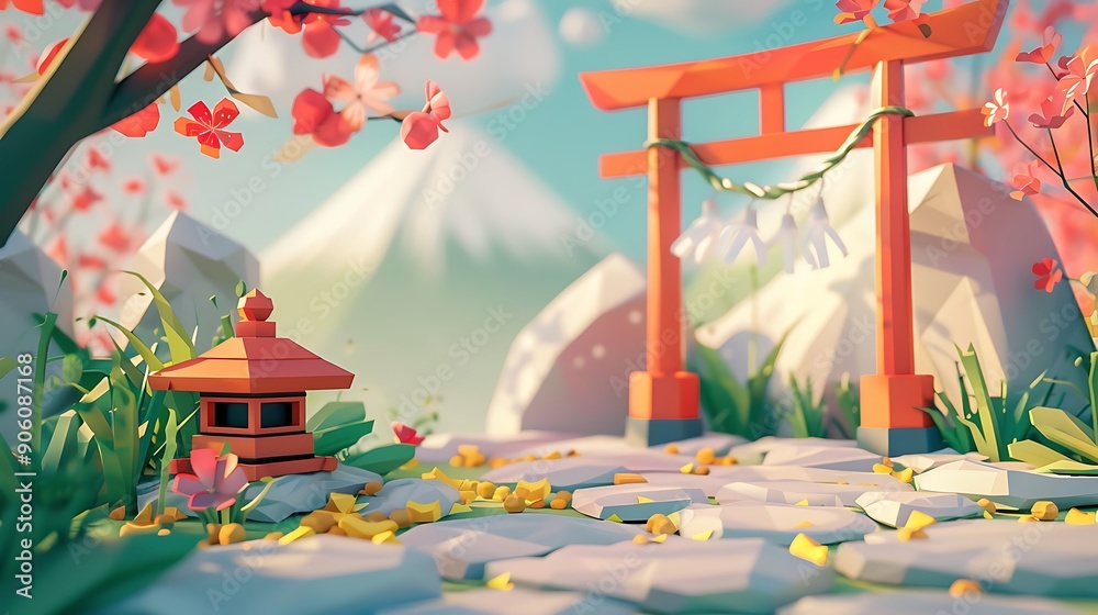 Poster Low Poly Japanese Garden with Torii Gate and Lantern.