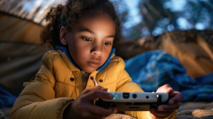 A child playing with a handheld console, immersed in a portable gaming experience