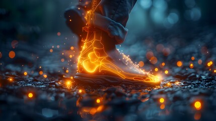 A person's foot is lit up with fire, creating a surreal 