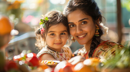 happy indian mother and daughter cooking together