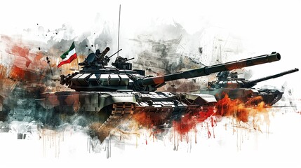 A close-up of a Defence Day flag's fabric texture, bold design incorporating military badges, panaflex with a dynamic image of military tanks, powerful image of military aircraft.