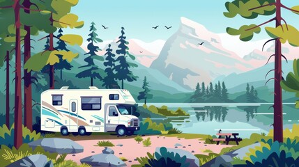 A classic American road trip scene with a family RV parked at a scenic campsite, surrounded by nature and adventure --chaos 9 --ar 16:9 Job ID: e5a2bada-2c5c-4837-8d35-e4de02e4a6dd