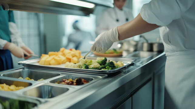 A hospital chef in a white uniform stirs a large pot of soup in a spotless kitchen the aroma of freshly cooked vegetables fills the air creating a welcoming atmosphere for meal preparation