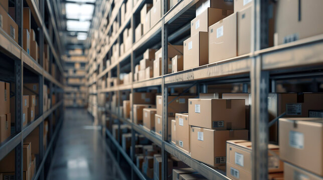 商品の入った段ボール箱がたくさん棚に並んだ倉庫