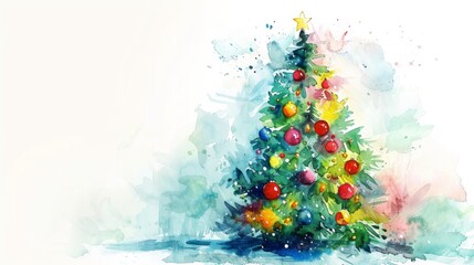 Cartoon watercolor Christmas tree decorated with colorful ornaments and lights. Isolate A white background surrounds the main subject.