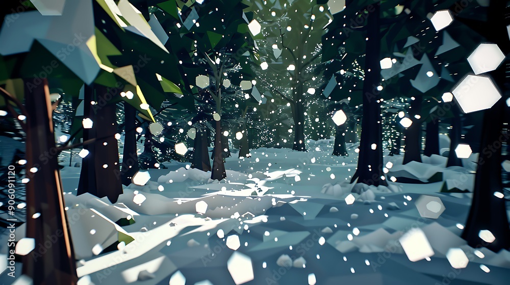 Poster Low Poly Winter Forest Scene with Falling Snow.