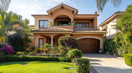 House exterior with neat garden and ample copy space for real estate