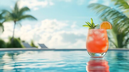 Refreshing poolside scene with a cocktail and ample copy space