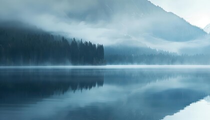 Serene mountain lake shrouded in mist, creating a tranquil atmosphere.