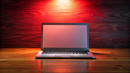 Dramatic red light empty mockup screen laptop on rustic wooden desk, perfect for tech or business themes.
Modern technology meets classic design: Laptop bathed in red light on wooden surface, ide