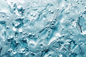 Close-Up of Ice Texture with Water Drops and Bubbles on Light Blue Background, High Resolution Photography, Top View, High Detail, Aesthetic Style