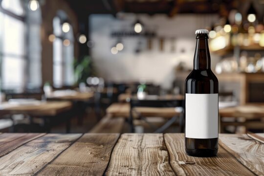 Beer Bottle on a Wooden Table in a Blurred Restaurant Setting