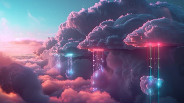 Cloud and Server Concept Background: Cloud Computing, Cloud Services, Cloud Servers, Big Data Centers, Servers, Information Digitalization, SAAS, Online Services.