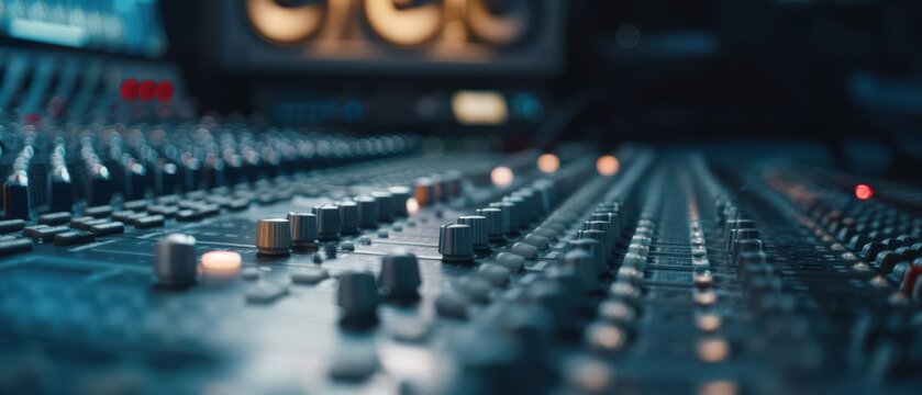 Close-up of a hand adjusting knobs on a sound mixing board.