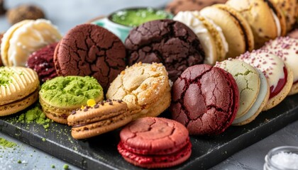 Fototapeta premium Assortment of colorful macarons and cookies on a black slate board.