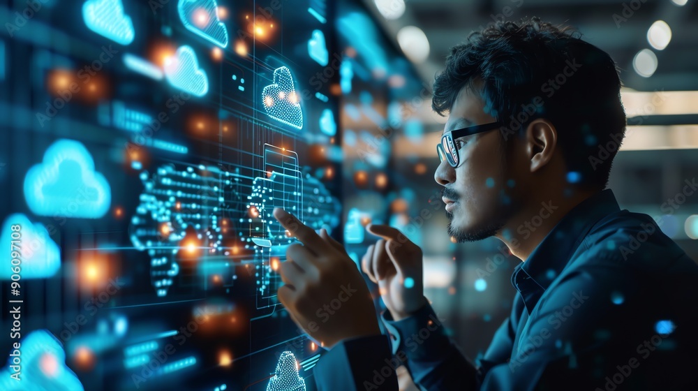 Poster Man Interacting with Cloud Computing Data on Digital Screen.