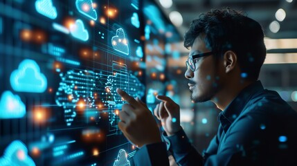 Man Interacting with Cloud Computing Data on Digital Screen.