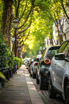 A row of parked cars on a street with trees in the background. The cars are mostly black and red