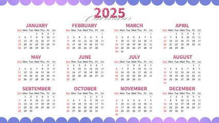 Annual calendar template for 2025 year. Week Starts on Sunday. Business calendar in a minimalist style for 2025 year.