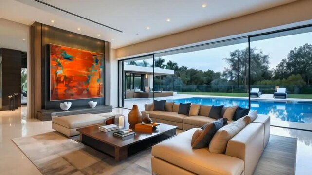 Spacious open plan living room with pool view 