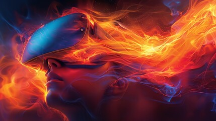 A person wearing a virtual reality headset immersed in a vivid, fiery digital world, blending technology and creativity seamlessly.