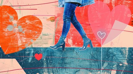 Modern collage with search line denim clad legs and heart Holiday and love themes Sleek design Card with room for advertisement