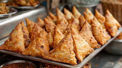 A plate of triangular pastries with parsley on top. The plate is on a table with other plates and bowls