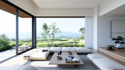 Fototapeta premium Sofa set at japandi living room, by rice fields and terraces in window