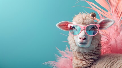 Close-up portrait of sheep with disco ball earring and neon boa.